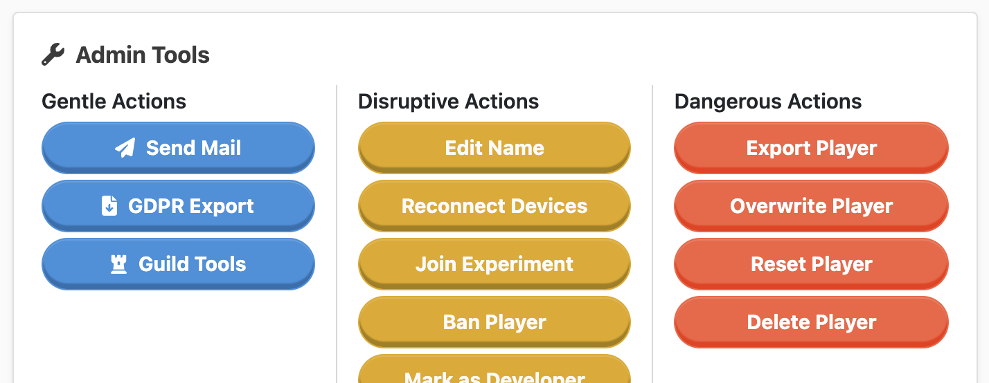 The Delete Player action is listed under the Admin Tools on the Player overview page.