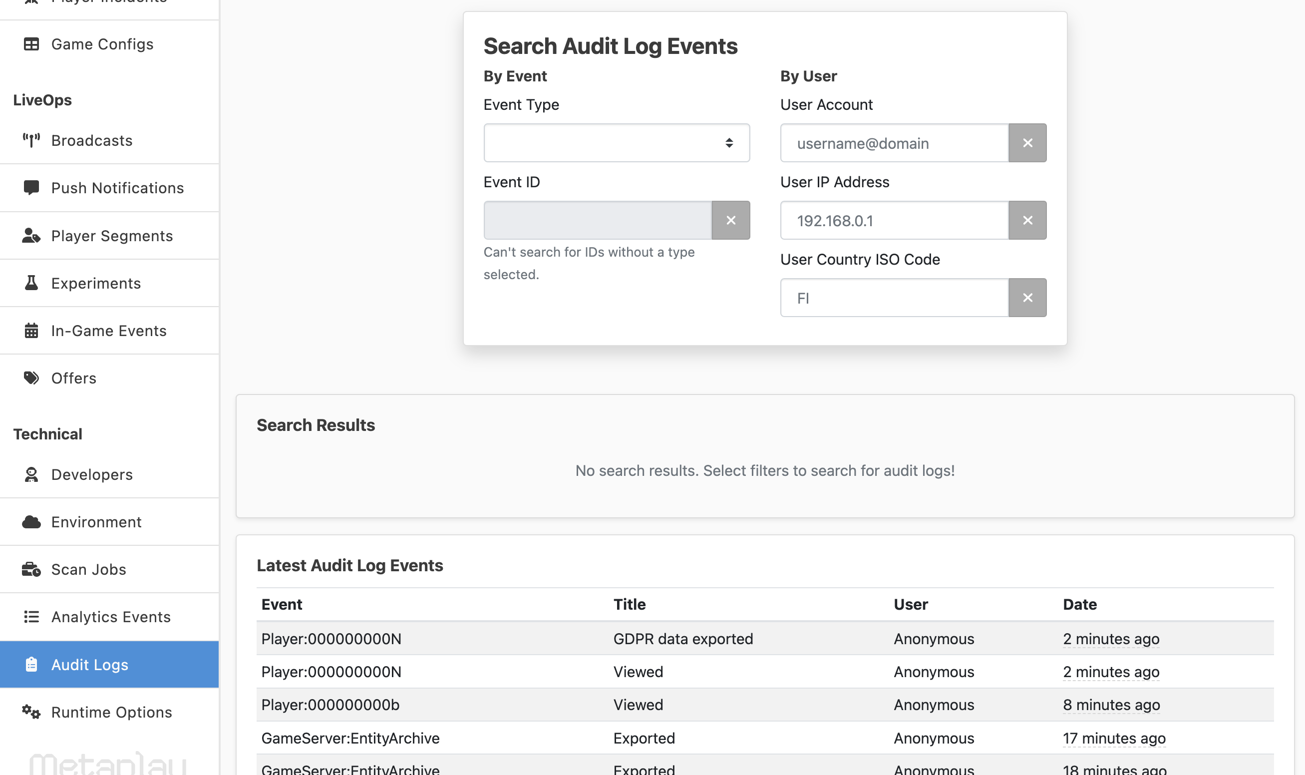 The dashboard has a dedicated page for browsing audit logs.