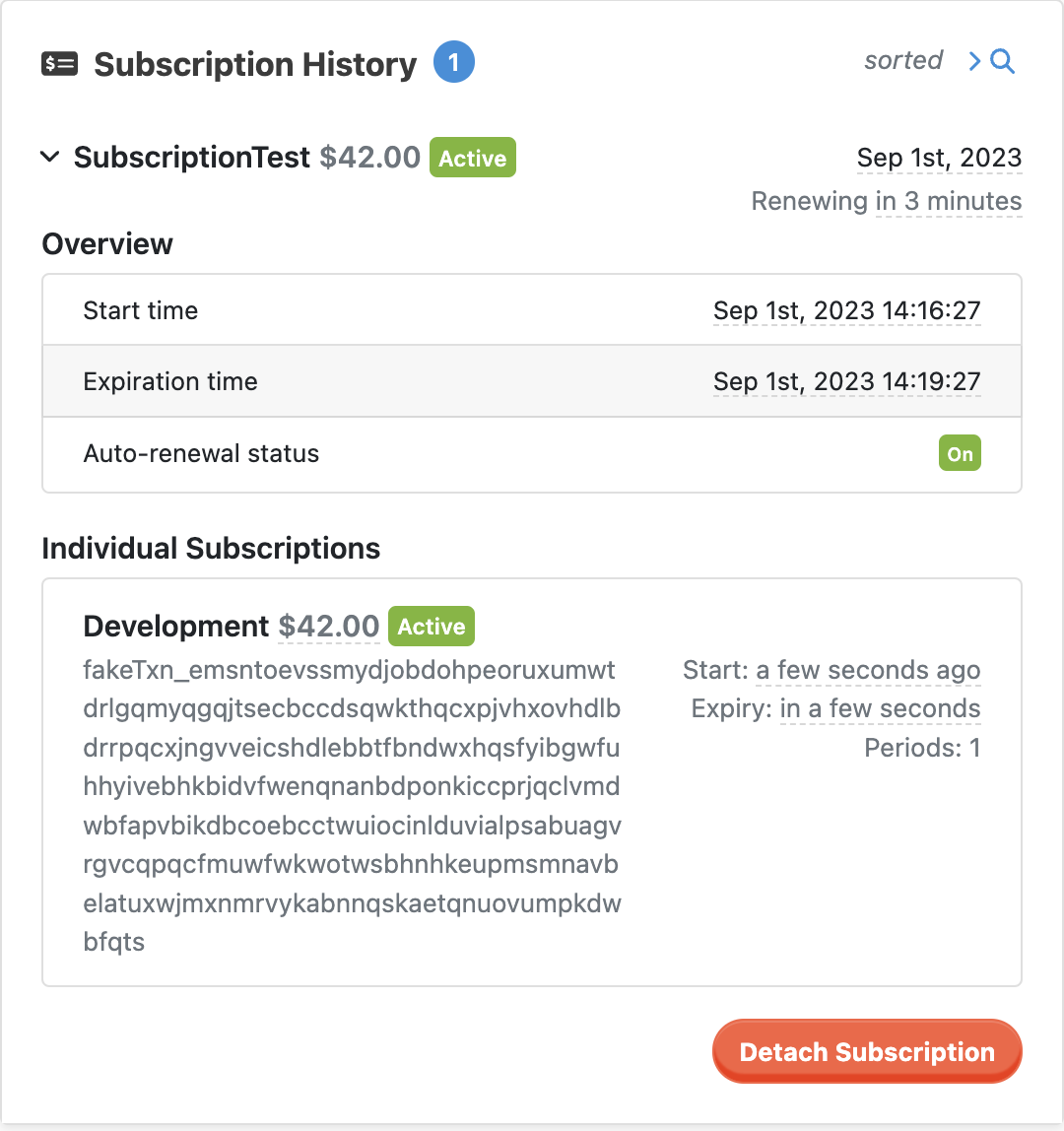 Expanded Subscription history view.