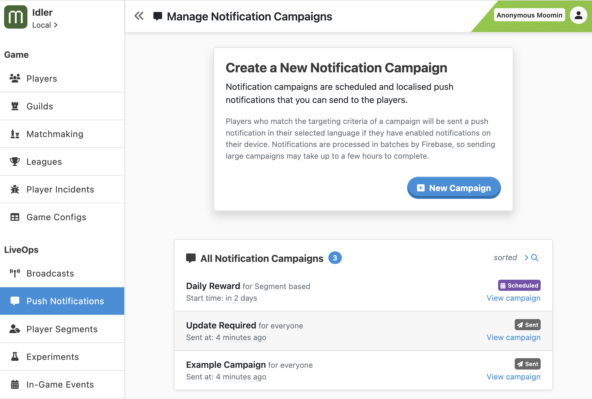 Let's navigate to the push notification tab and create a new campaign.