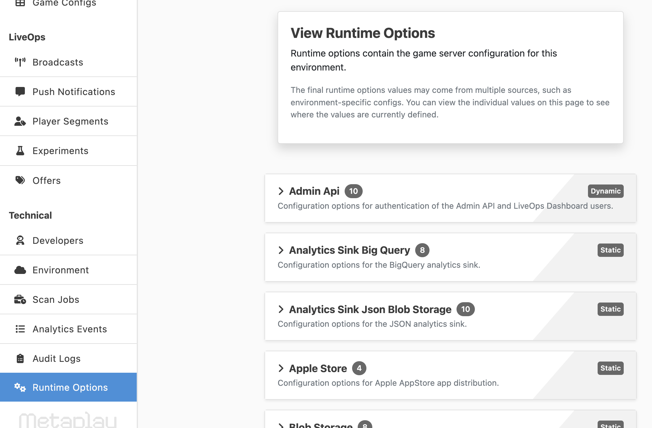 The dedicated Runtime Options page on the LiveOps Dashboard. Note the descriptions that we talked about earlier.
