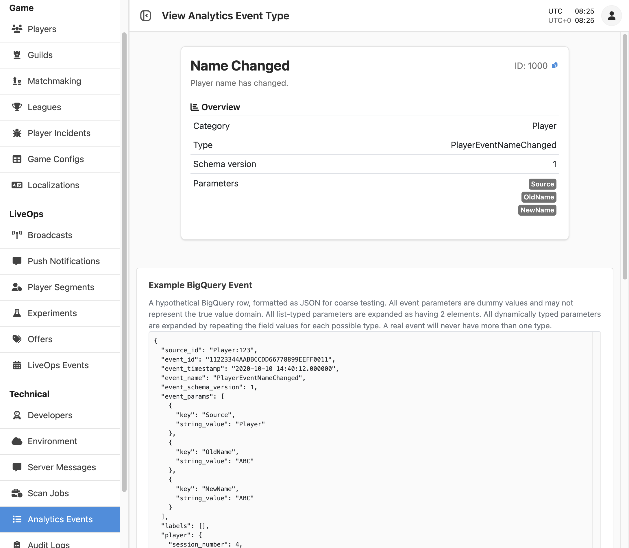 Analytics Event detail page showing JSONification of an example BigQuery event.