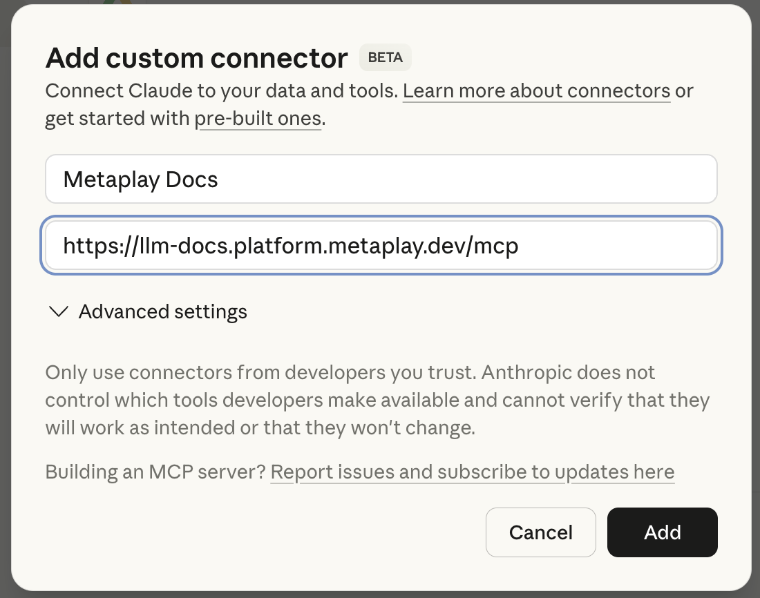 Metaplay Docs MCP server setup in Claude