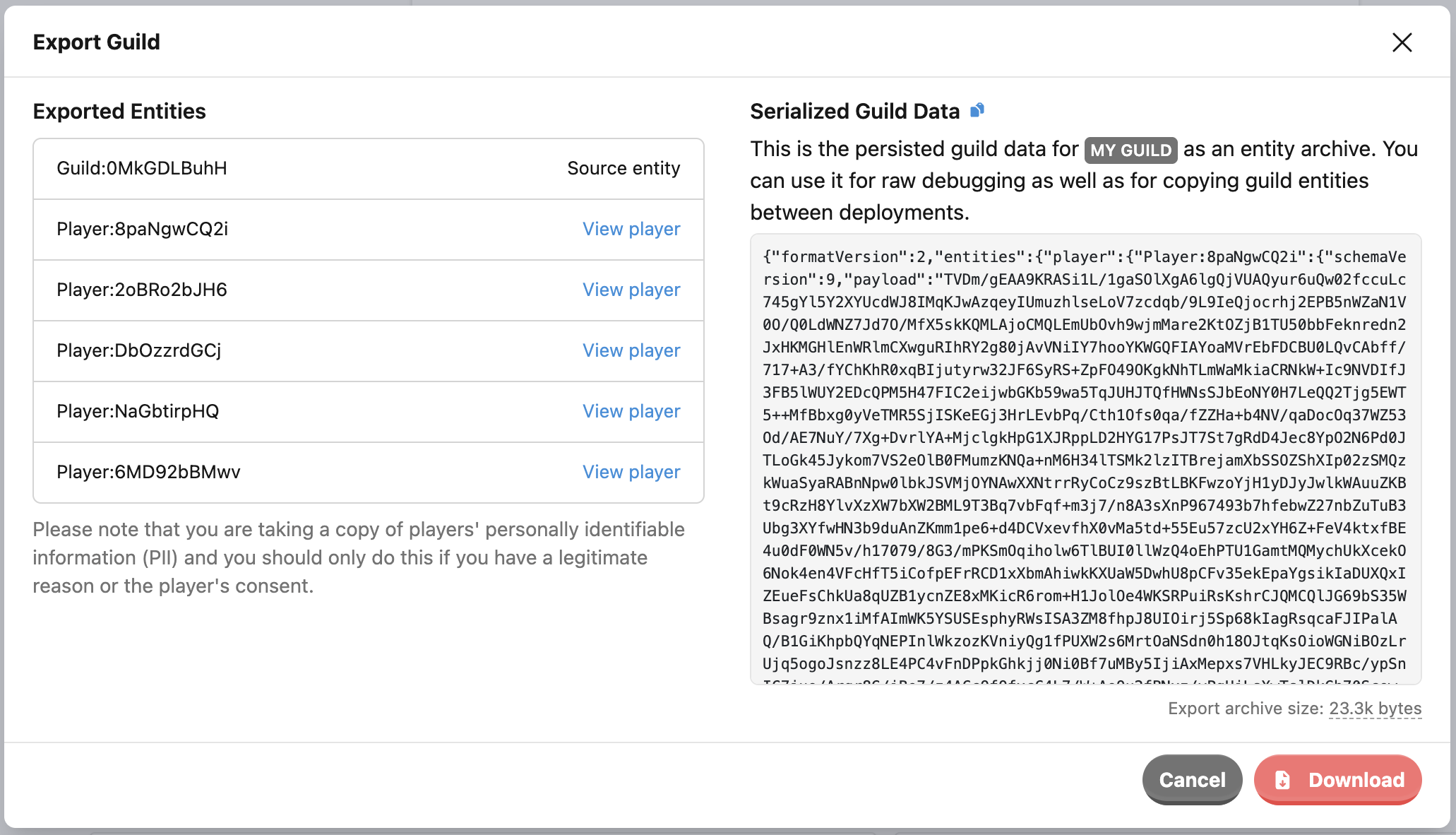Exporting guild exports member players too.