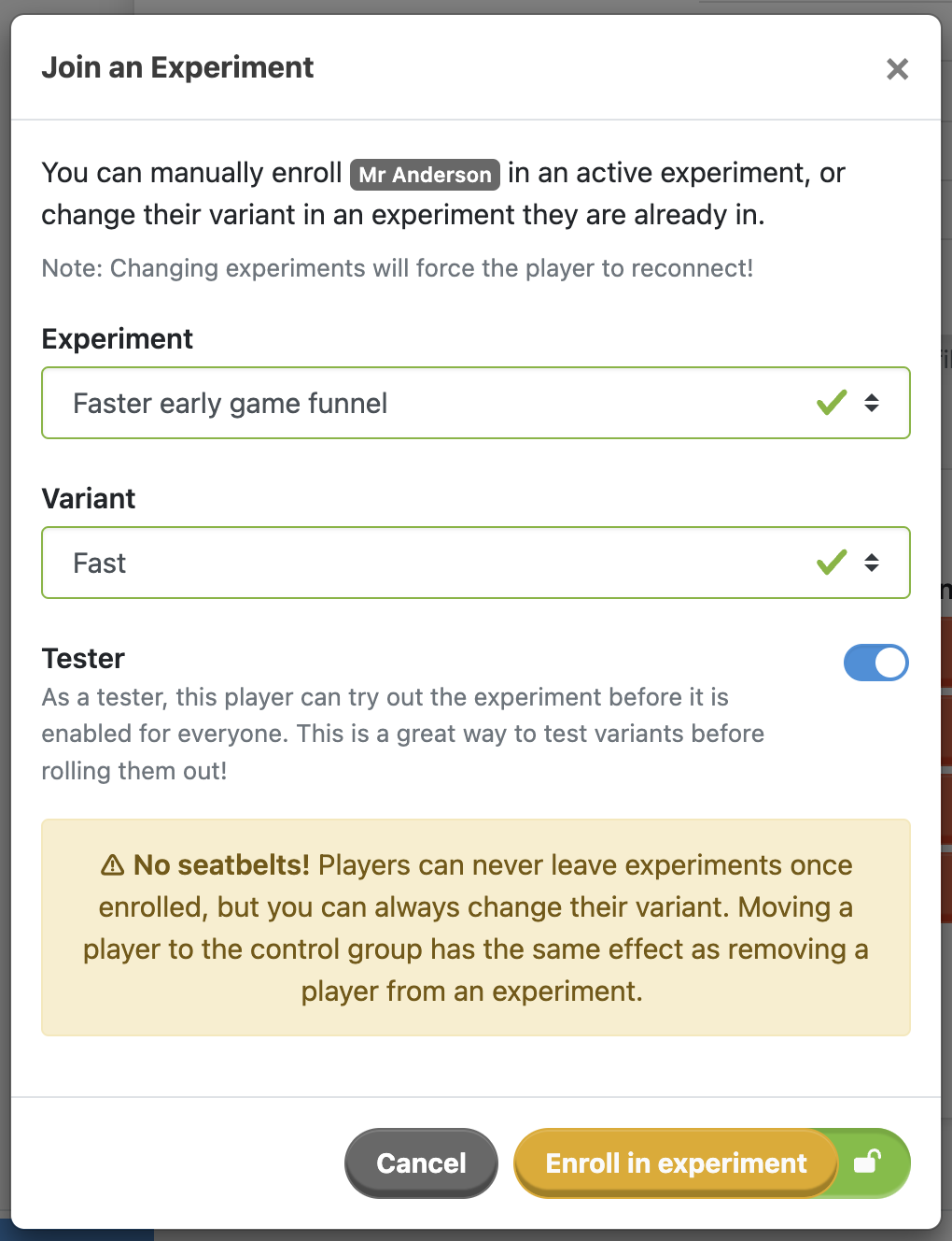 Assigning a player as a Tester into an Experiment.