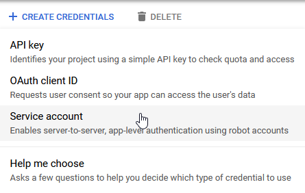 Add a service account on the “Create Credentials” menu.