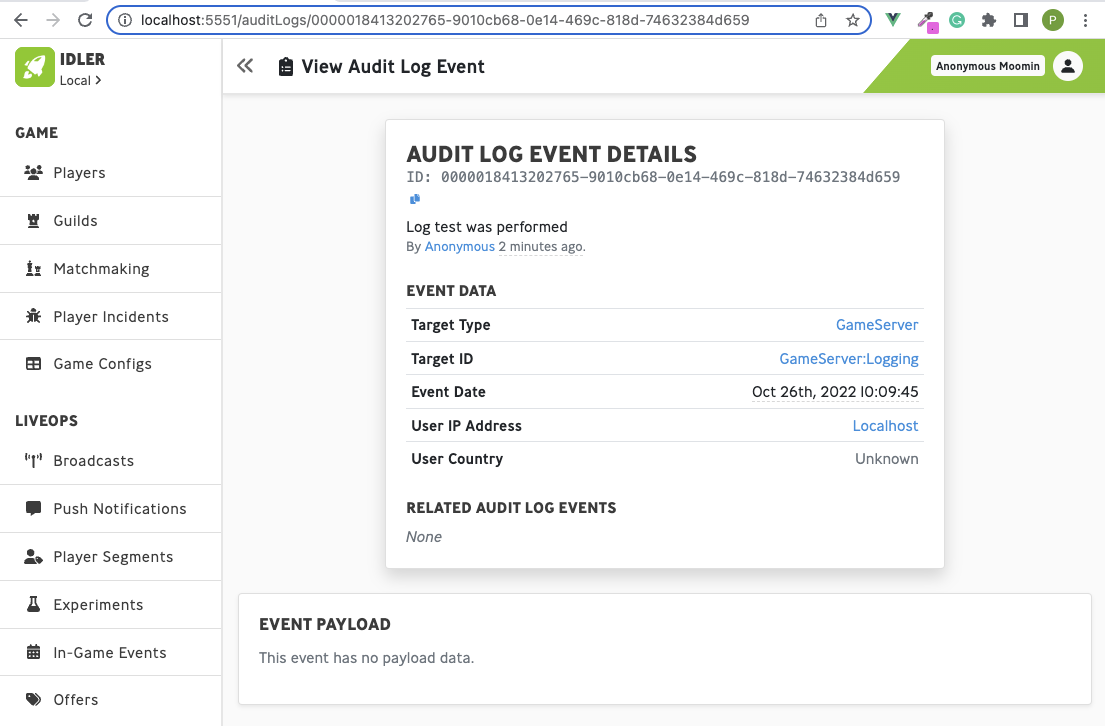 See the ID of the event in the URL? That's the same event ID that was output to the Game Server's log. That means that you can easily navigate directly to an event given it's ID - handy if you want to follow up on an interesting event that you've spotted in your server logs.