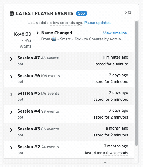Automatic folding of sessions and similar events makes it much easier to navigate this player’s history.