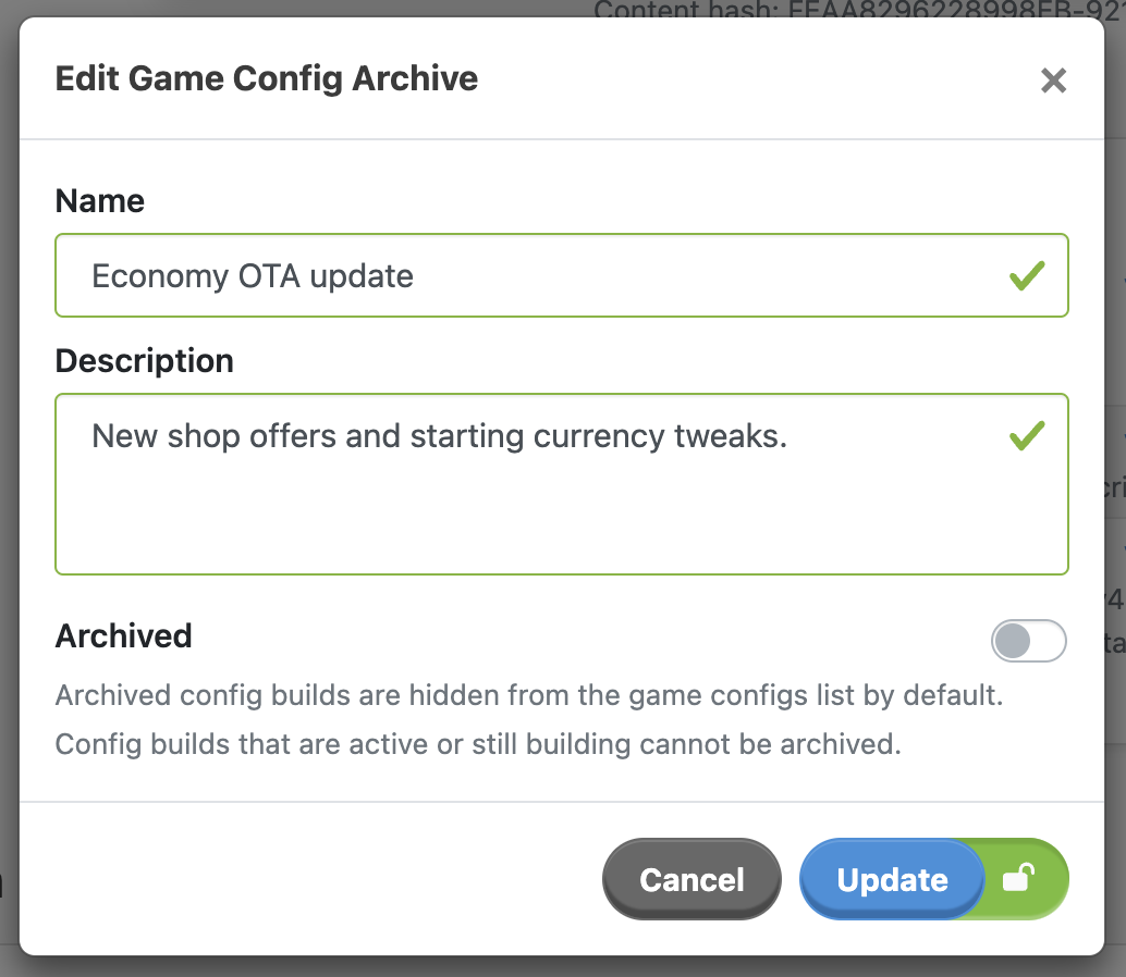 Adding sensible names and descriptions to your game configs is essential if you want to keep track of your changes. You can search these strings on the main game configs list page.