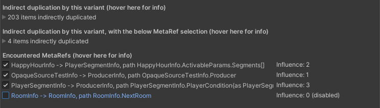 Part of the Config Reference Analyzer window, showing how the amount of duplication would be reduced if the MetaRef at RoomInfo.NextRoom did not exist.