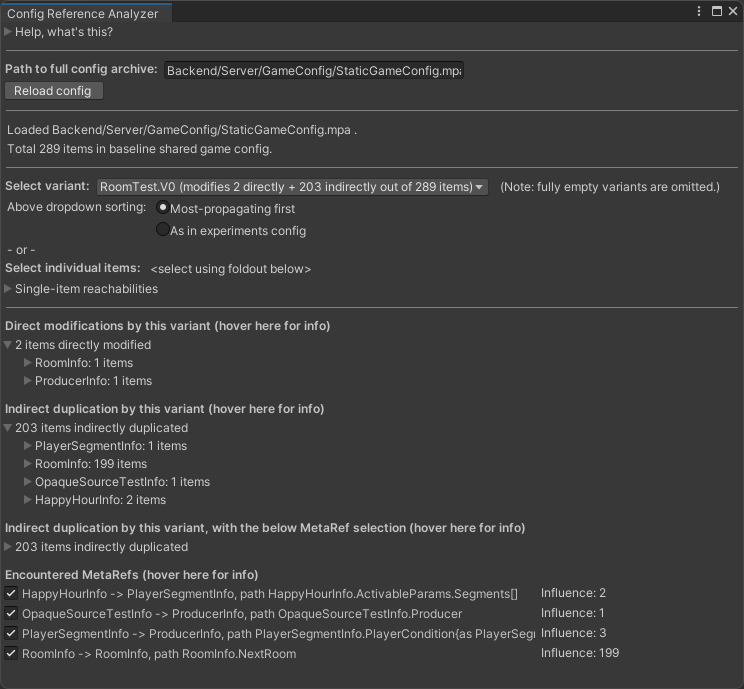 The Config Reference Analyzer window, showing significant duplication in the RoomTest experiment.