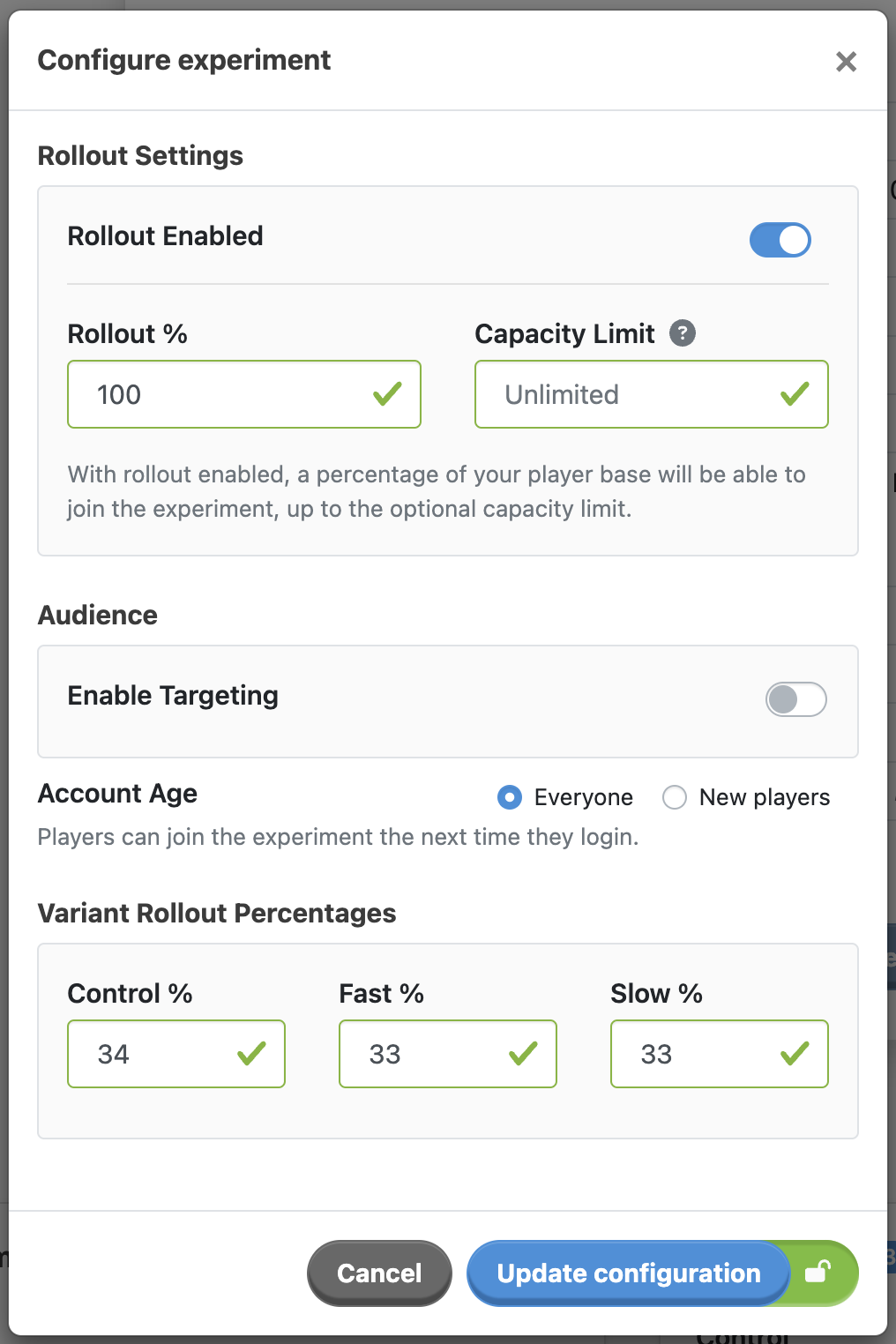 Audience configuration settings on the LiveOps Dashboard.