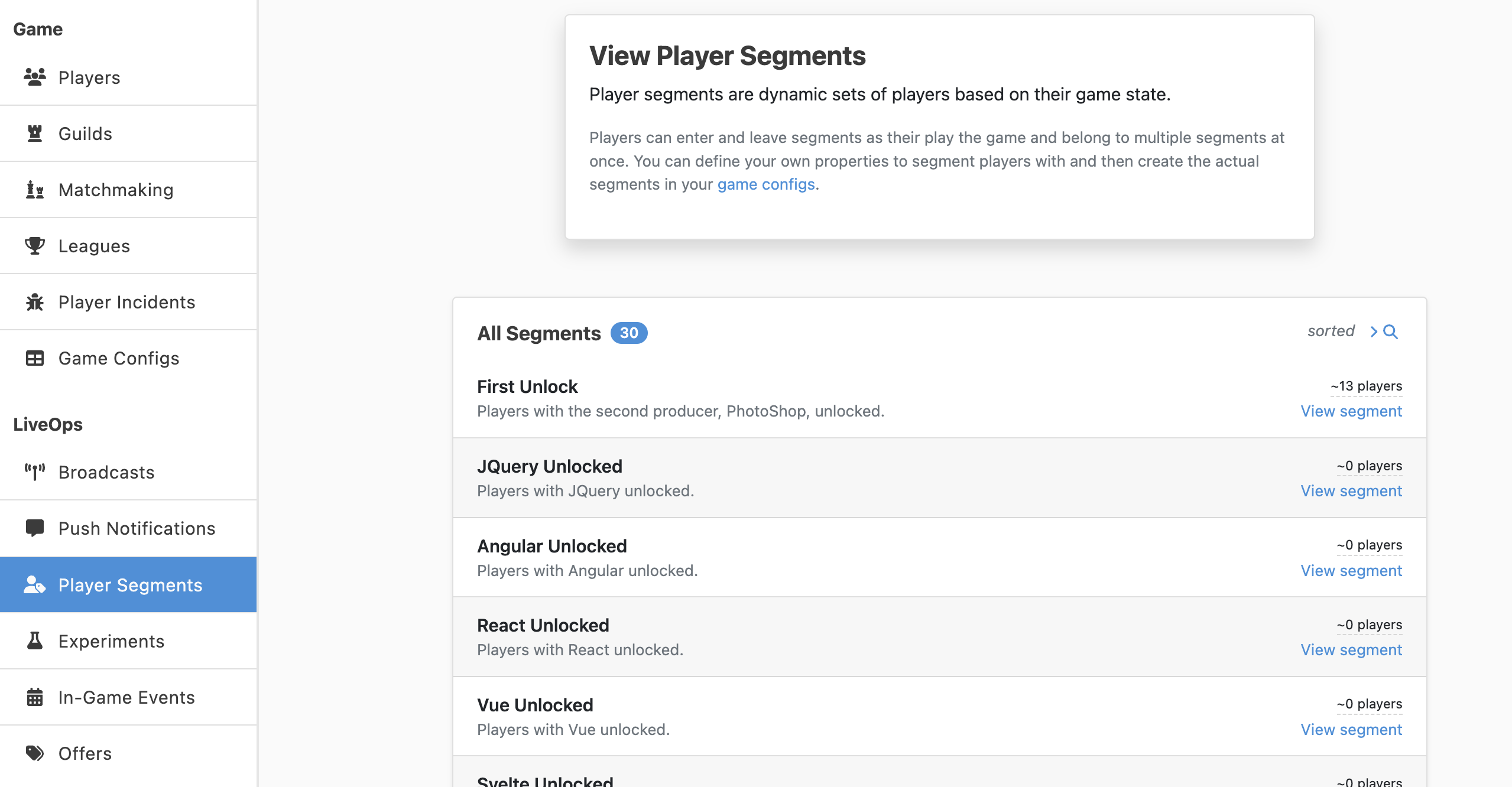 Our defined segment is now listed in the Live-Ops Dashboard. Notice the player count!