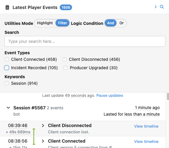 This is an example of what the Latest Player Events card shows like with filtering controls open.