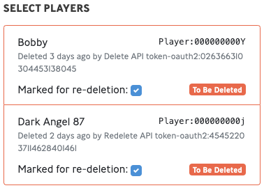 The generated list show players that were scheduled to be deleted after the database snapshot was taken.