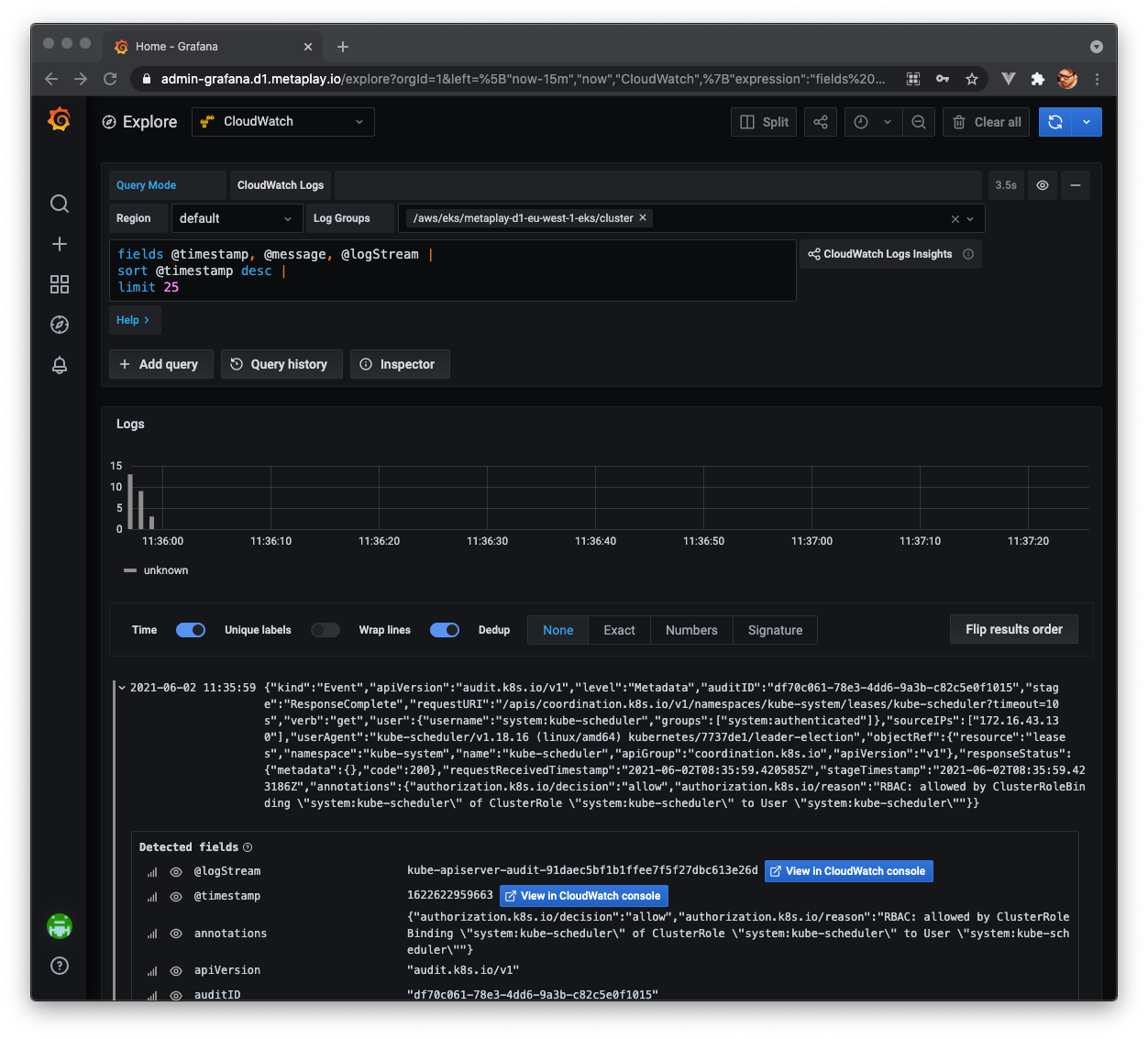 Grafana's Explore section allows you to query different sources of data, like CloudWatch Logs