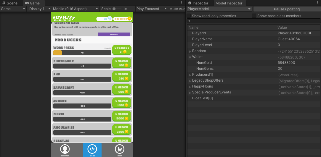 There are foldout menus for submodels like PlayerWallet and Producers in Idler's case.