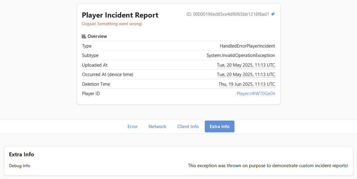 Player incident report with extra info attached viewed on the LiveOps dashboard.