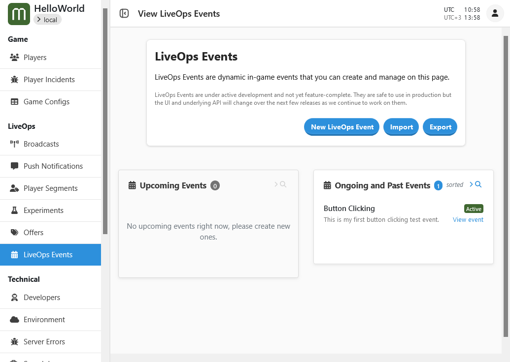 The LiveOps Events main page. The Event we just created is shown in the list of ongoing events.