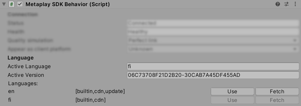 Localization settings in the Metaplay SDK component.