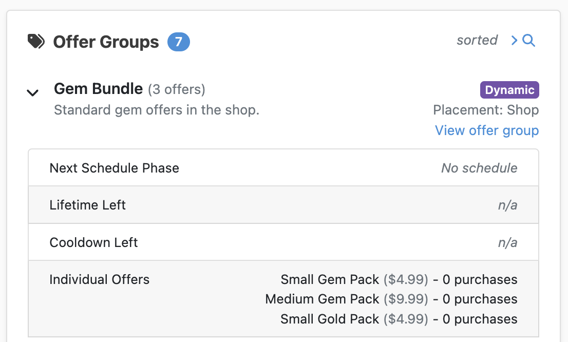 Clicking on an Offer Group will display the individual Offers and other details.