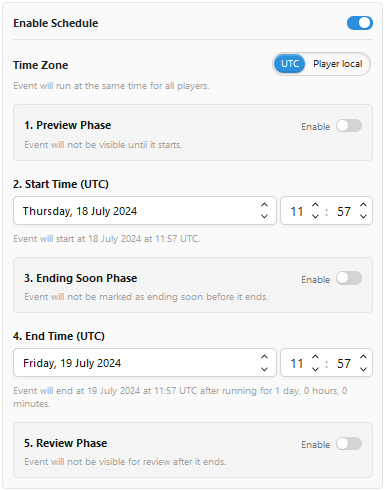 Event schedule configuration panel