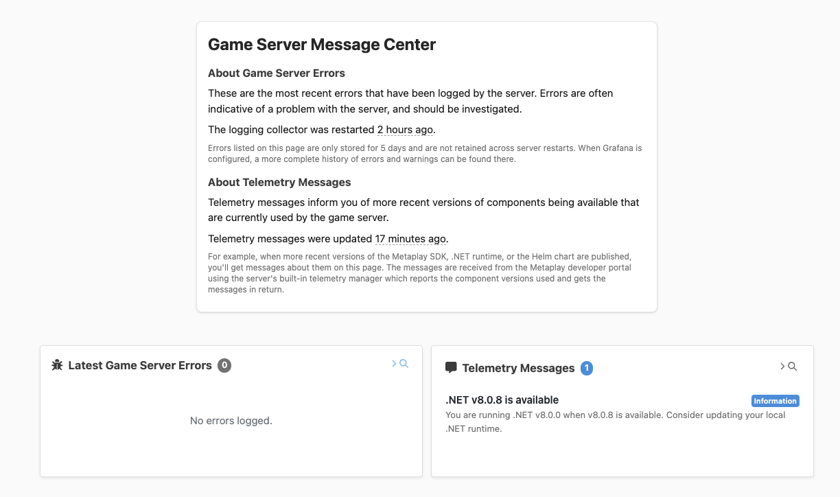 The new Server Messages page shows both game server errors and telemetry messages.