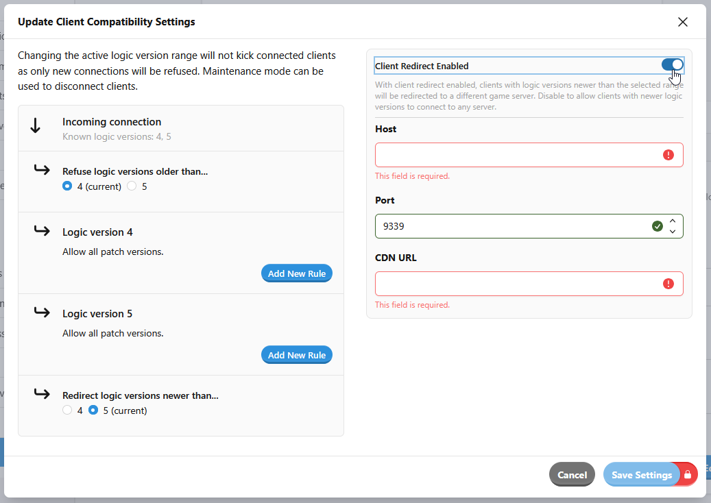 The client compatibility settings can be found by clicking the small cog icon at the bottom left.