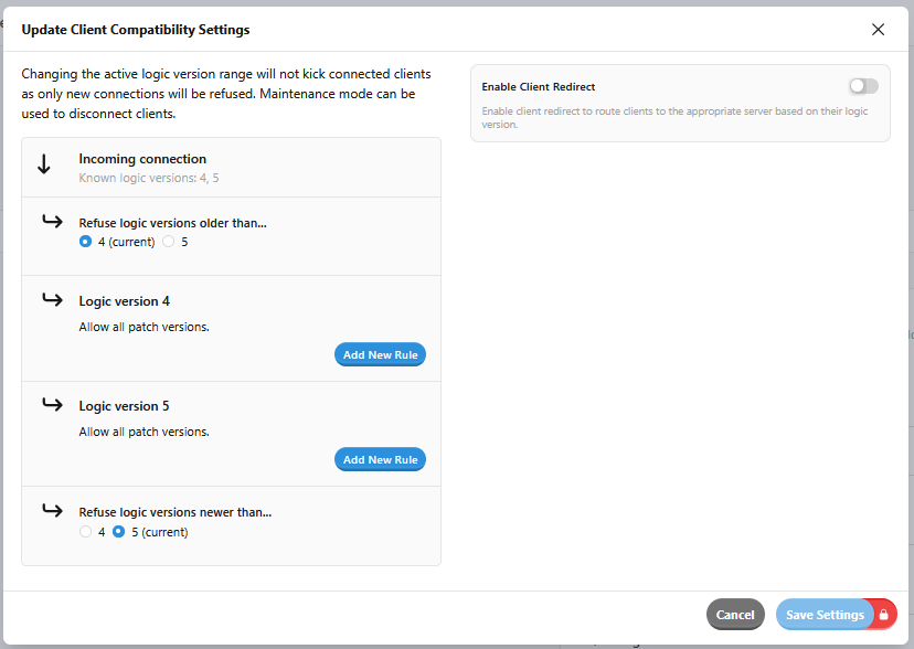 Screenshot of where to find the client compatibility settings.