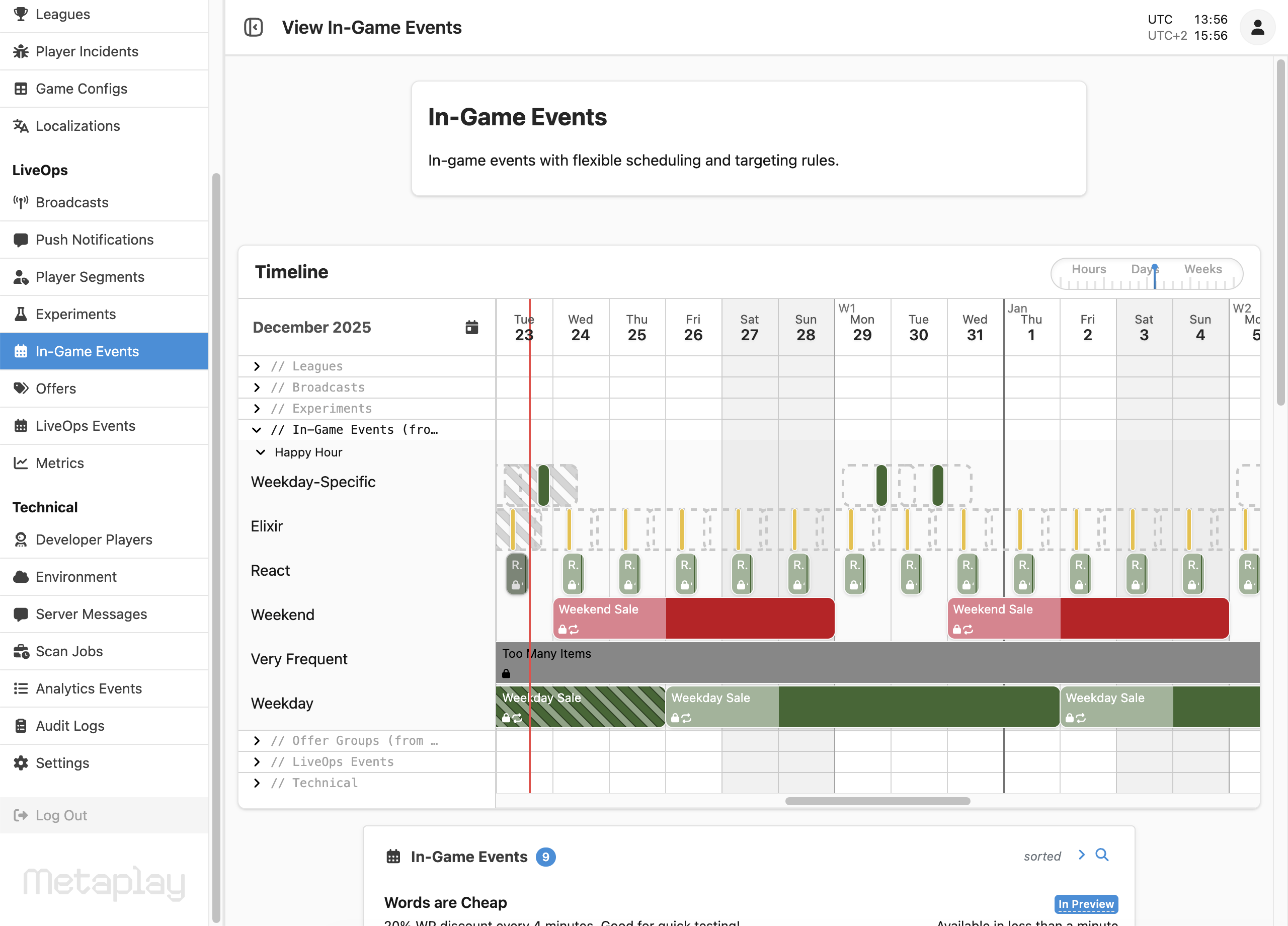 Notice the "Enable Custom Evaluation Time", handy for evaluating the event's status (preview, active, etc.) at a time other than the current time.